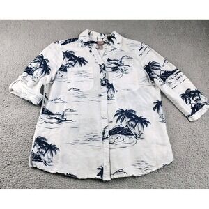 Chicos Linen Top Womens 1 M/L White Shirt Lagenlook Beach Resort Tropical Palm